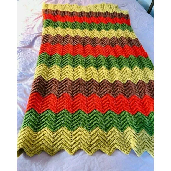 Crocheted Afghan Chevron Pattern VTG 70's Green Yellow Orange Brown Handmade